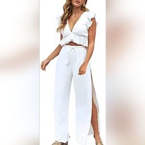 NWT 2 Pieces Outfits V Neck Crop Top Side Slit Drawstring Wide Leg Pants Set